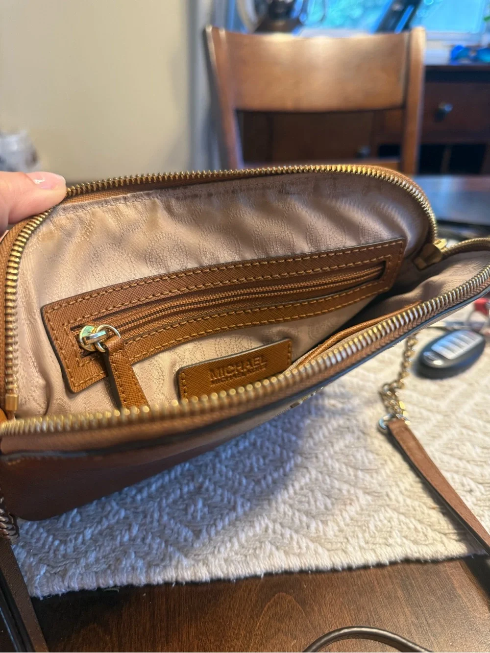 Michael Kors Brown Saffiano Leather Crossbody with Gold-Tone Chain